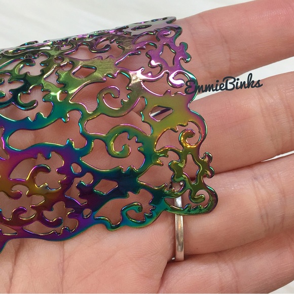 New Hollowed Out Scroll Metal Oil Slick Holographic Cuff Bracelet - Picture 12 of 16